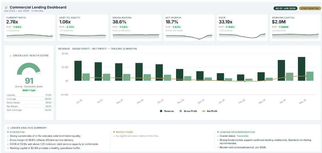 Borrower detail view in the Lending Dashboard: key ratios, Health Score, and trailing revenue and profit