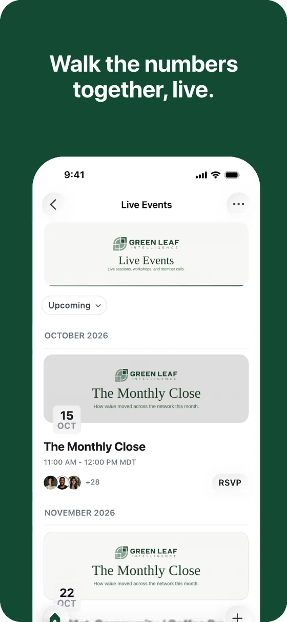 Live events in the Green Leaf member app, including The Monthly Close